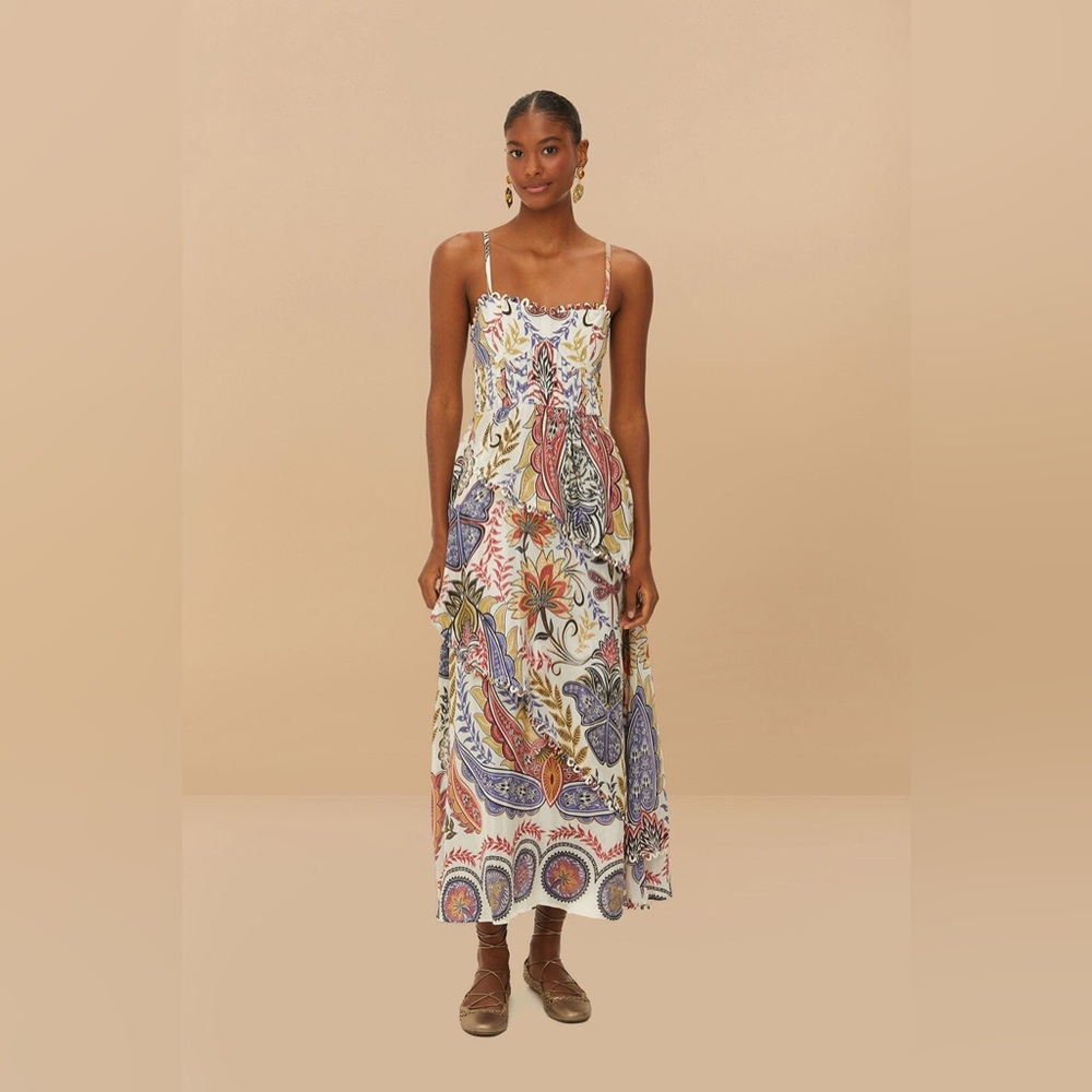Farm Rio Off-White Boho Glam Loopy Trim Maxi Dress